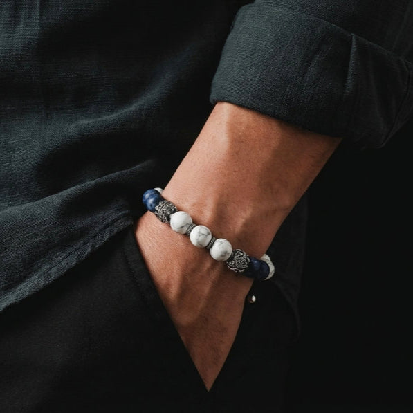 Hand Made Silver Bracelet MyKing Howlite and Sodalite stone 10mm — view 2 | Castello Jewels