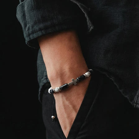 Howlite Cross Sterling Silver Bracelet, 4mm, view 2 | Castello Jewels