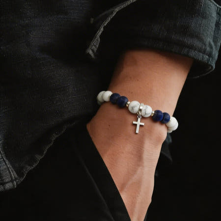 Howlite & Sodalite Cross Bracelet, Sterling Silver, 8mm, view 2 | Castello Jewels