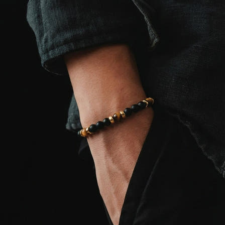 Classic Gold-Plated Matte Onyx & Tiger's Eye Beaded Bracelet, Timeless, 4mm, view 2 | Castello Jewels
