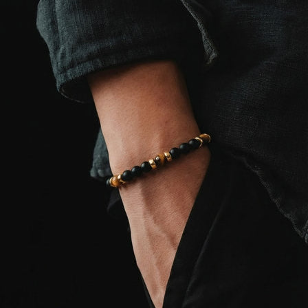 Silver 925 Gold Plated Bracelet Classic, Onyx mat, Tiger Eye mat 4mm stone — view 2 | Castello Jewels