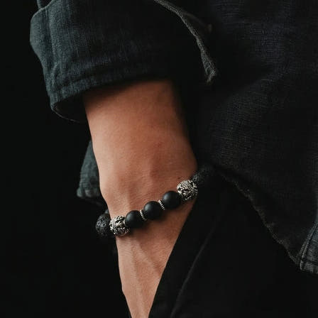 MyKing Lava & Matte Onyx Beaded Bracelet, 10mm, view 2 | Castello Jewels