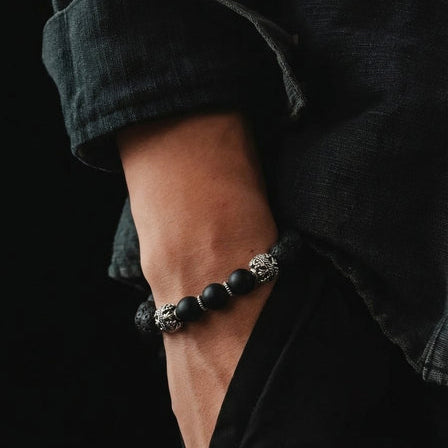 Hand Made Silver Bracelet MyKing Lava, Onyx Mat stone 10mm — view 2 | Castello Jewels