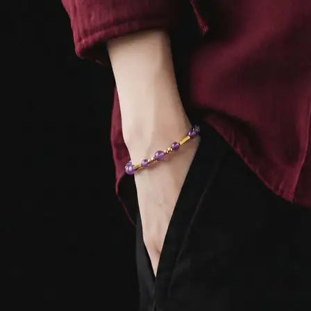Hand Made Silver Gold Plated 925 Bracelet Amethyst stone 6mm — view 2 | Castello Jewels