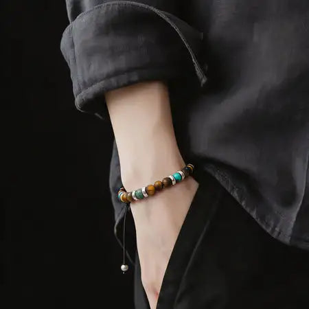 Hand Made Bracelet Silver 925 Classic Tiger Eye Mat, Africa Turquoise stone 4mm — view 2 | Castello Jewels