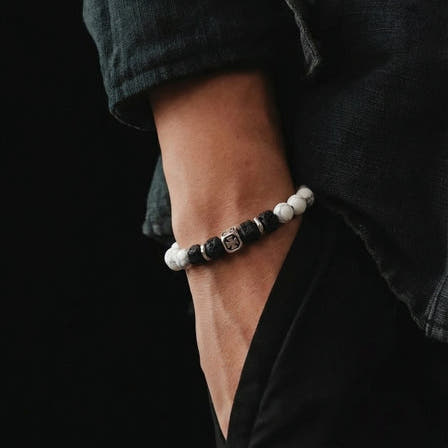 Knights Howlite & Square Lava Stacking Bracelet, 6mm, view 2 | Castello Jewels
