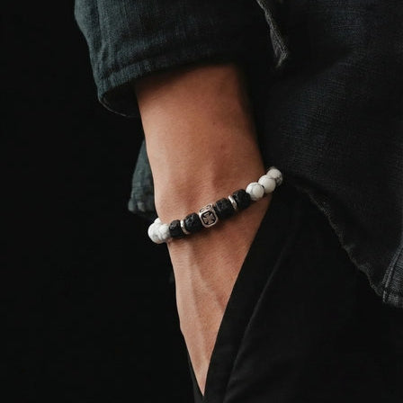 Hand Made Silver Bracelet Knights, Howlite, Lava square stone 6mm — view 2 | Castello Jewels