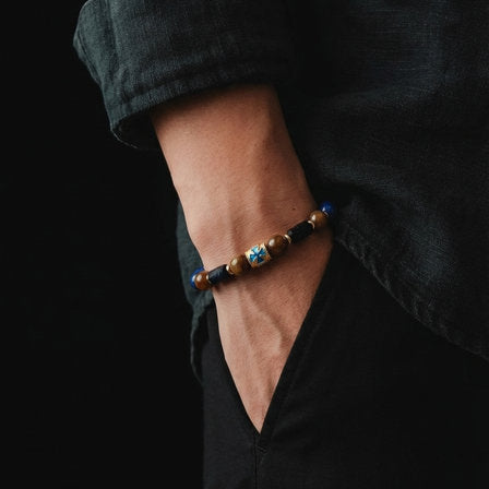 AEGEAN Silver 925 Bracelet, Gold plated, Enameld cross lapis Jasper stone — view 2 | Castello Jewels