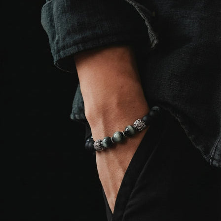 Hand Made Silver Bracelet MyKing Eagle's Eye Polish, Onyx Polish stone 10mm — view 2 | Castello Jewels