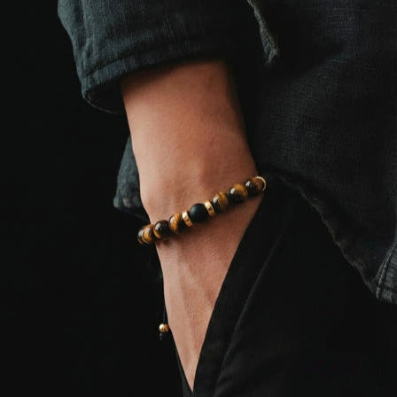 Classic Gold-Plated Polished Tiger's Eye & Matte Onyx Bracelet, 6mm, view 2 | Castello Jewels