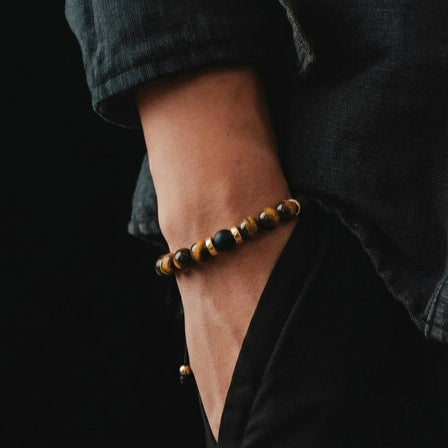 Silver 925 Gold Plated Bracelet Classic, Tiger Eye Polish, Onyx Mat 6mm stone — view 2 | Castello Jewels