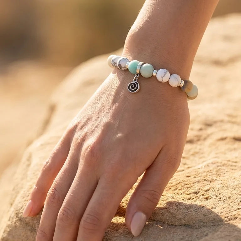 Greek Spiral Charm Bracelet, Amazonite & Howlite · 8mm