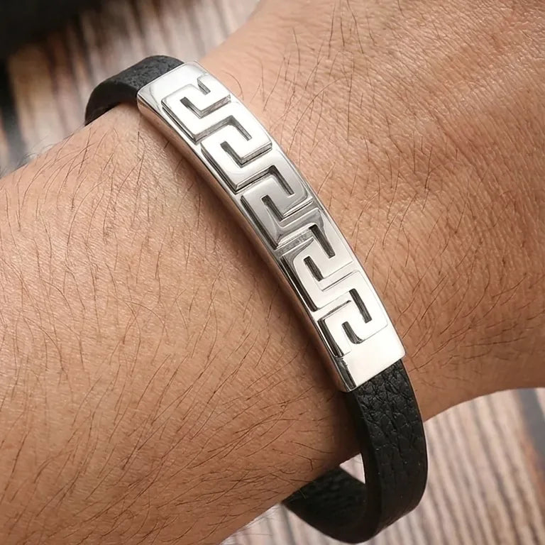 Black Leather Men's Bracelet, Magnetic Clasp, Greca Style
