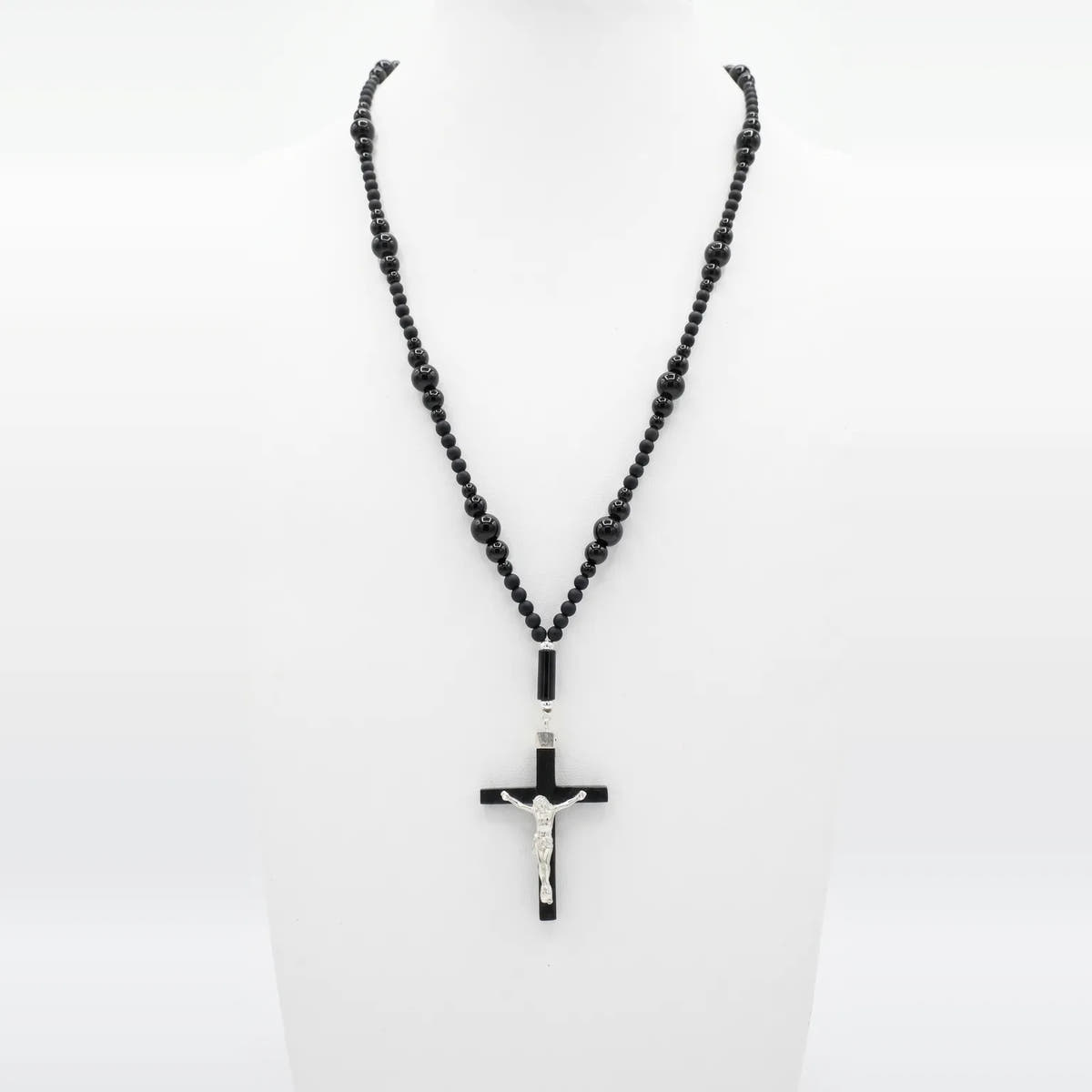 Onyx Rosary Necklace, Crucifix Pendant