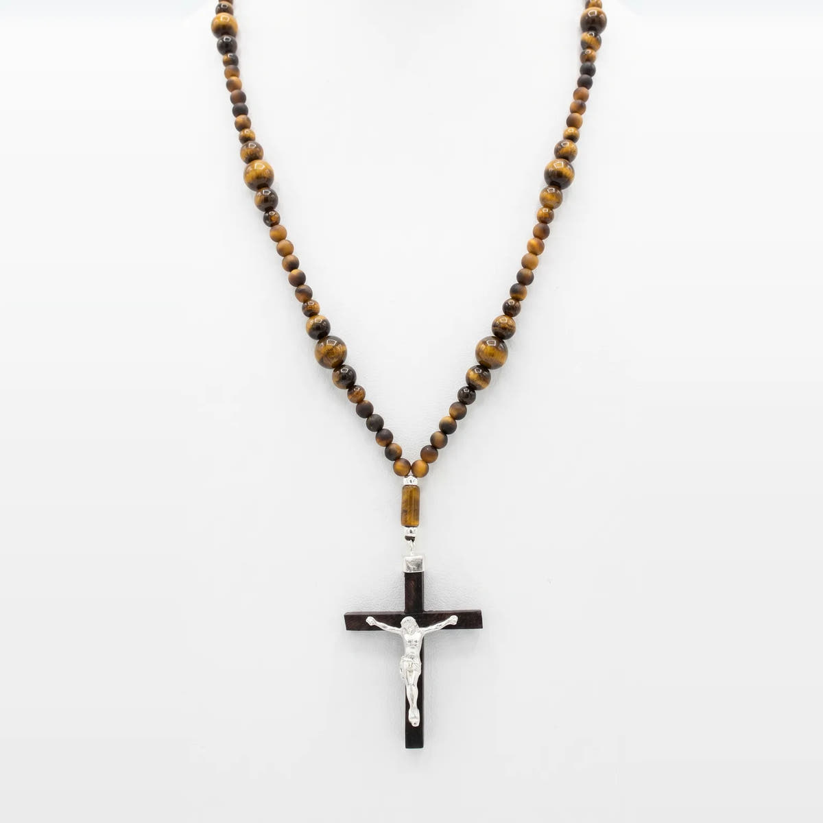 Tiger's Eye Rosary Necklace, Crucifix Pendant