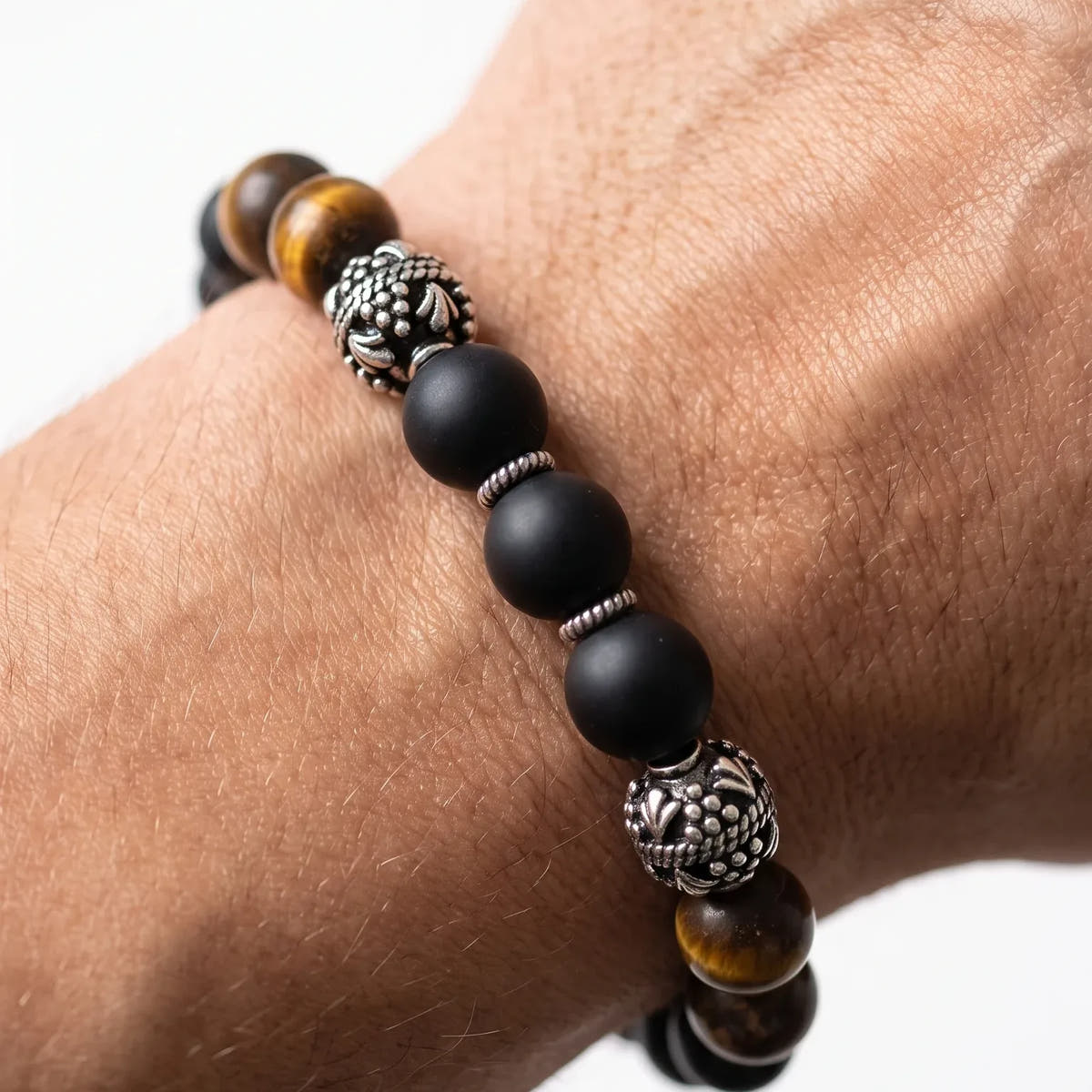 MyKing Matte Onyx & Tiger's Eye Beaded Bracelet, 10mm, view 2 | Castello Jewels