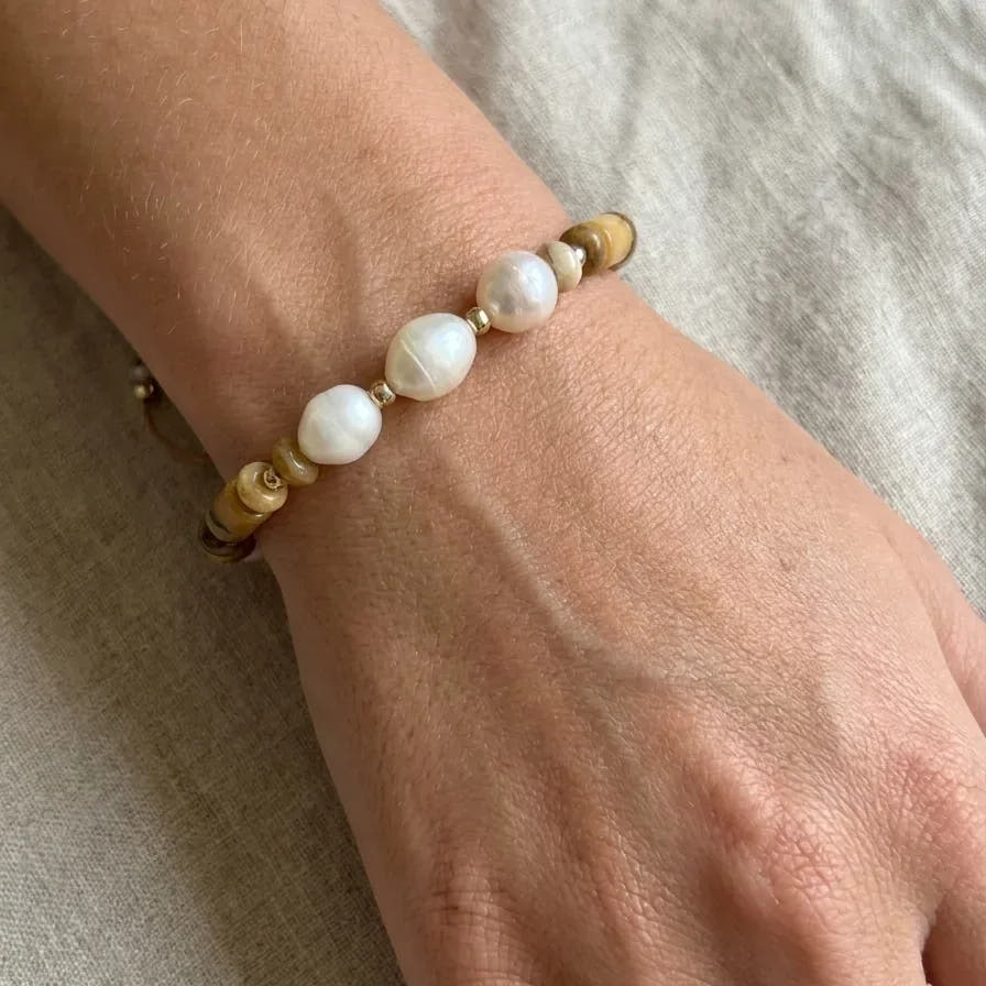 Gold-Plated Tube Bead & Pearl Bracelet, Sterling Silver · 8mm