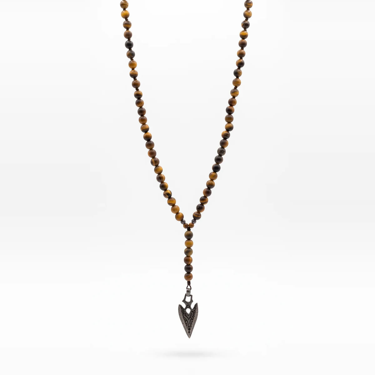 Tiger's Eye Rosary Necklace, Arrow Pendant · 6mm