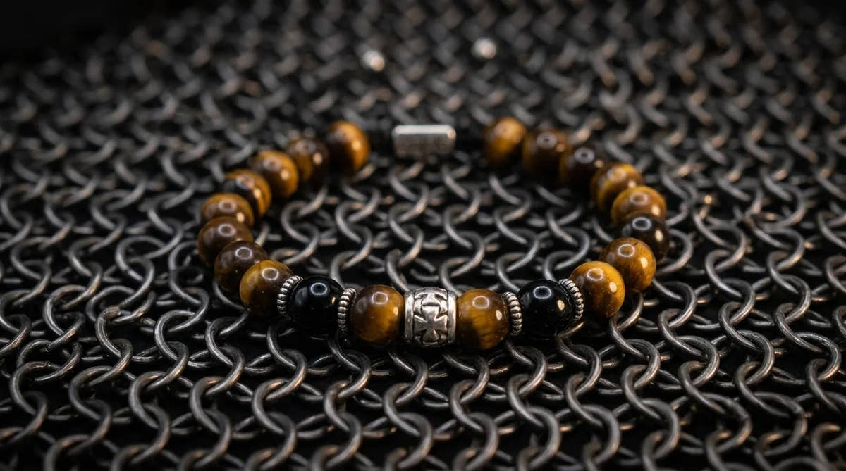 A beaded bracelet with brown and black tiger's eye beads, small metallic spacer beads, and a central silver-toned cylindrical charm, displayed on a dark chainmail-style textured background.