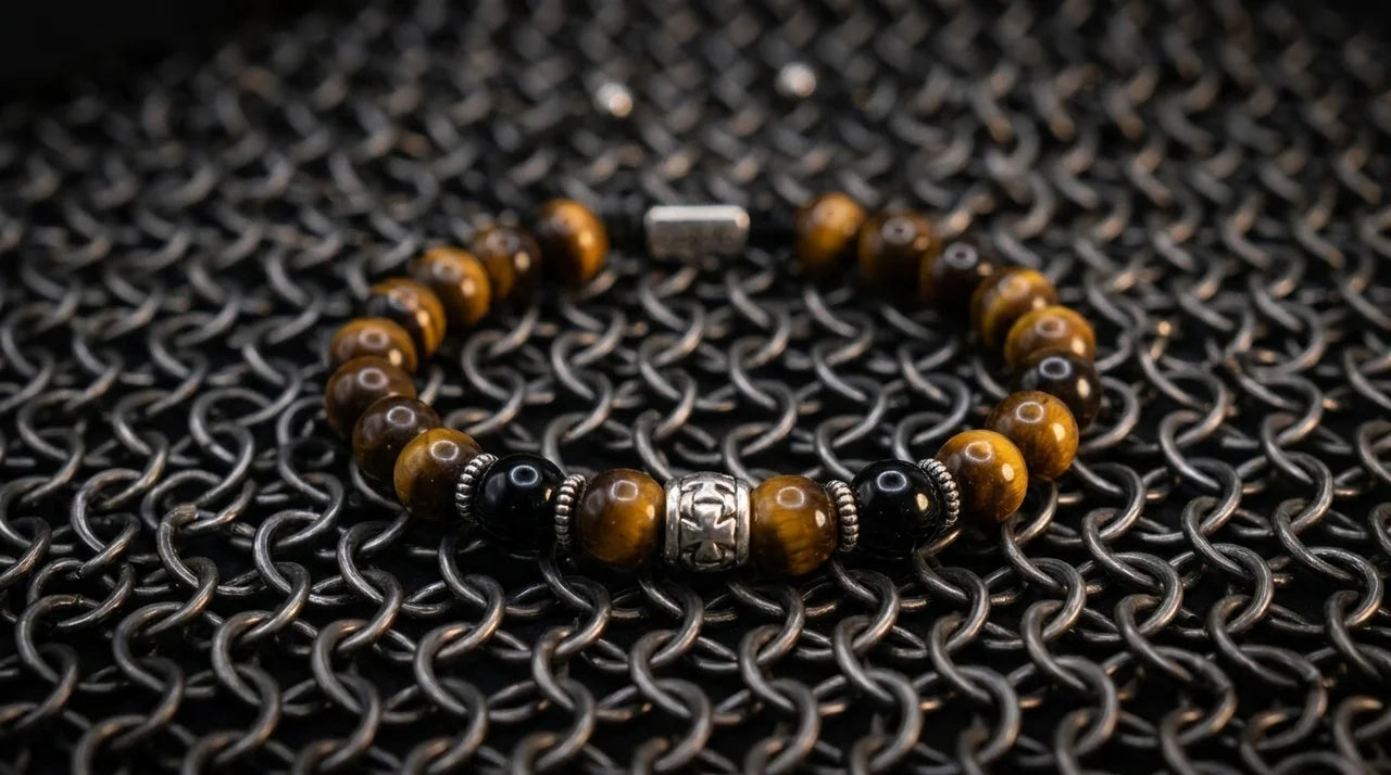 A beaded bracelet with brown and black tiger's eye beads, small metallic spacer beads, and a central silver-toned cylindrical charm, displayed on a dark chainmail-style textured background.